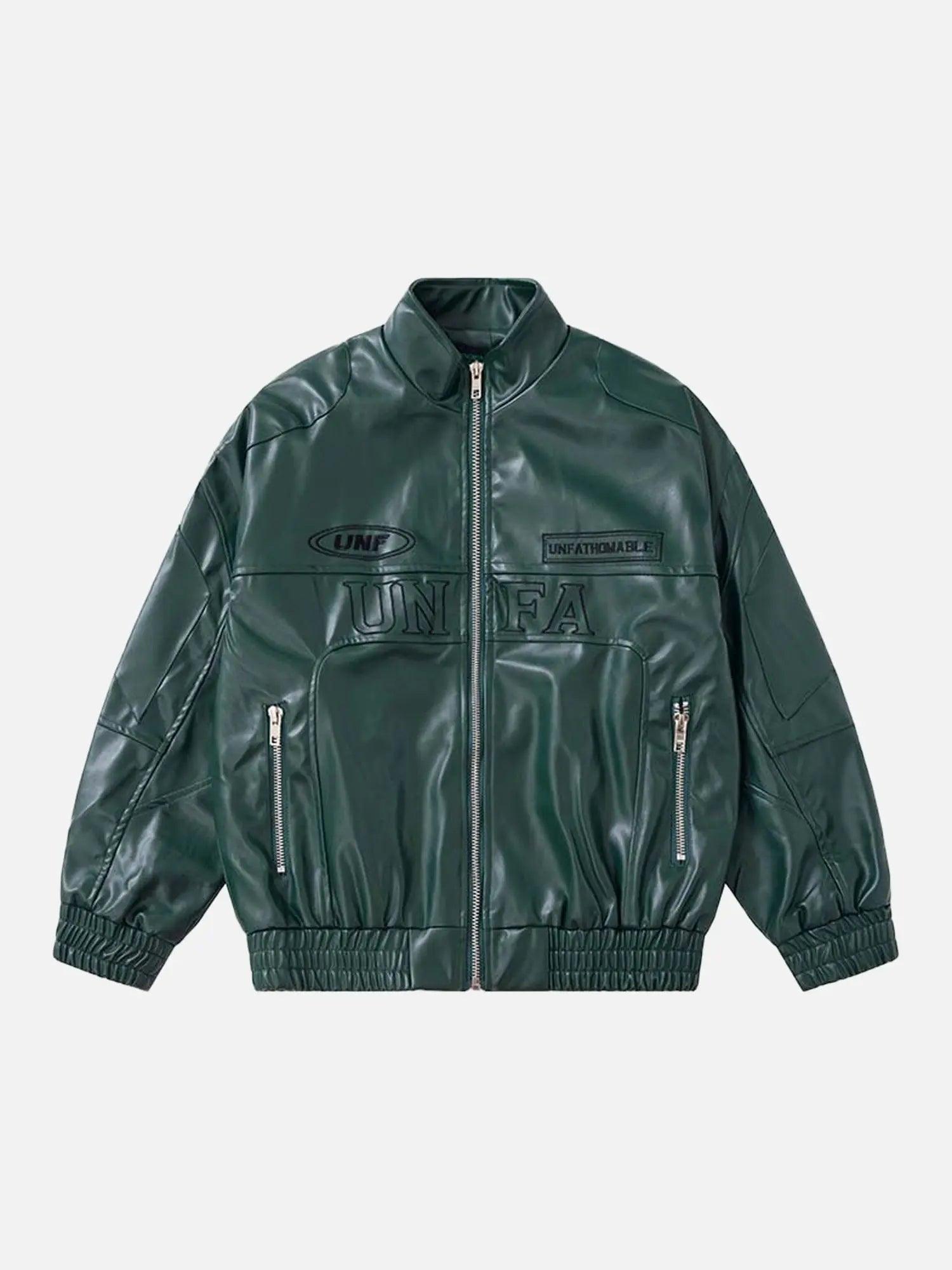 1984 American Style Functional Letter Embroidered Leather Jacket - 1984brand