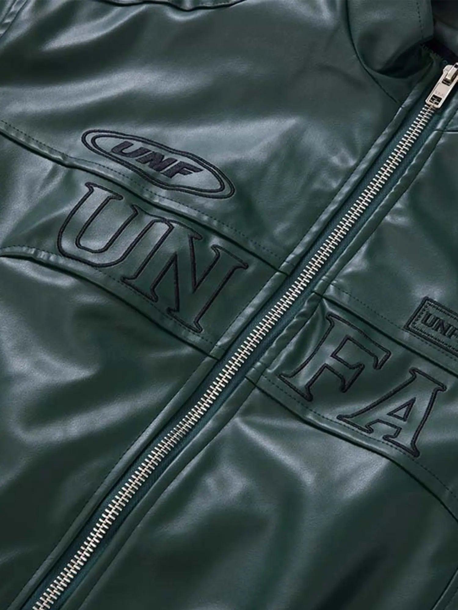 1984 American Style Functional Letter Embroidered Leather Jacket - 1984brand