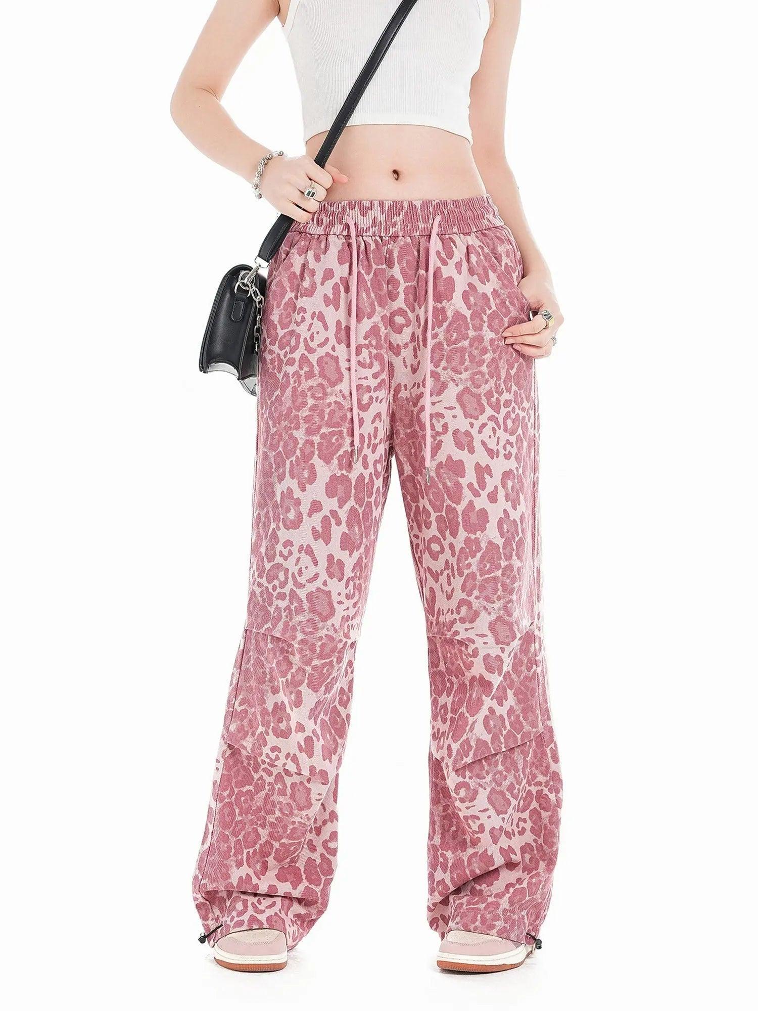 1984 Retro Leopard Print Pink Wide-leg Floor-length Casual Pants SP2404202BLS