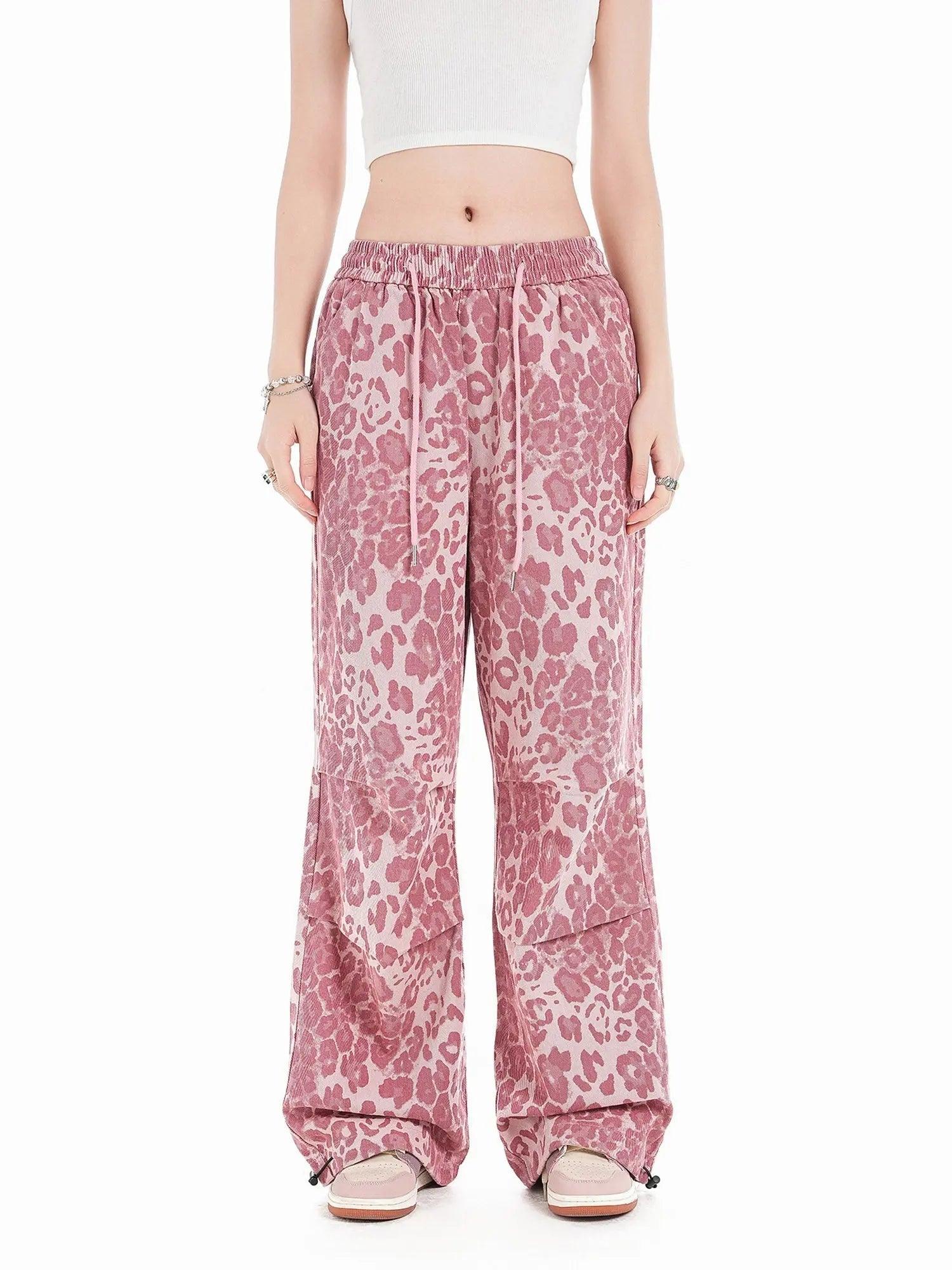 1984 Retro Leopard Print Pink Wide-leg Floor-length Casual Pants SP2404202BLS