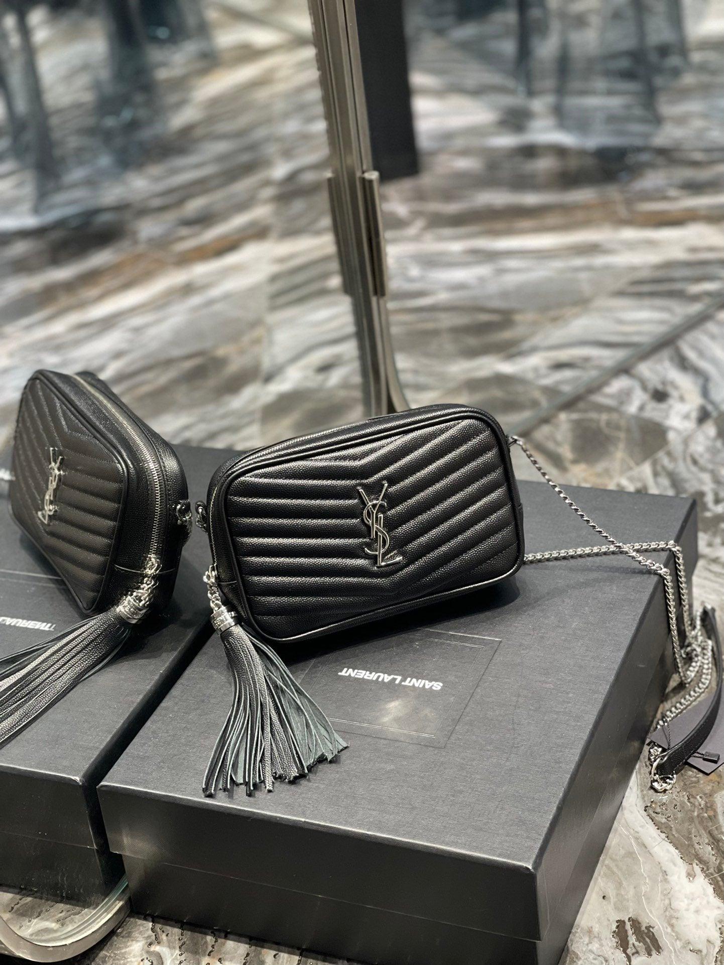 YSSL Lou Mini Bag Black In Quilted Grain De Poudre With Silver Toned Hardware For Women 7.4in/19cm YSl 6125791GF021000