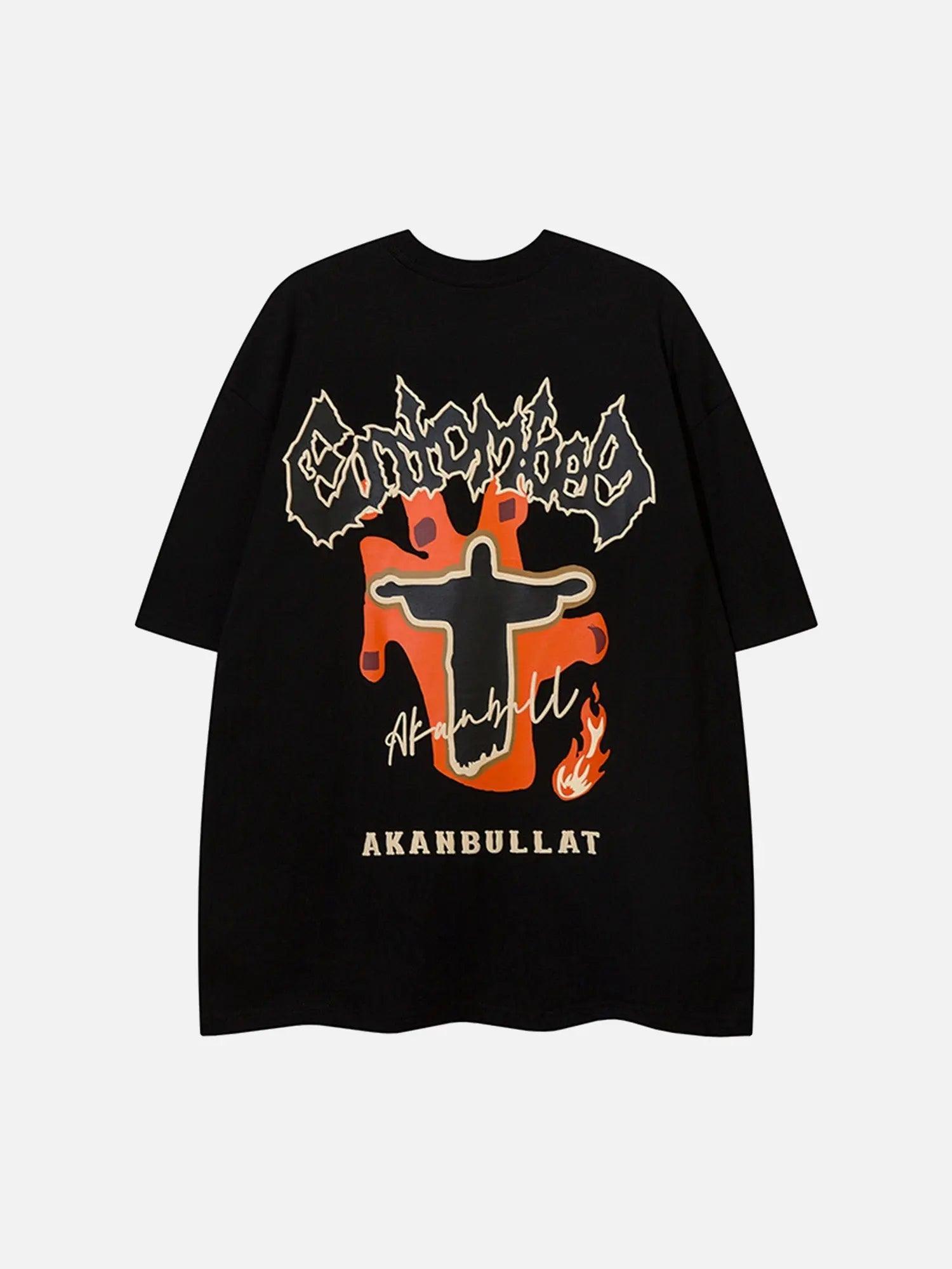 American Vibe Style Flame Letter Jesus T-shirt SP240320HTYY