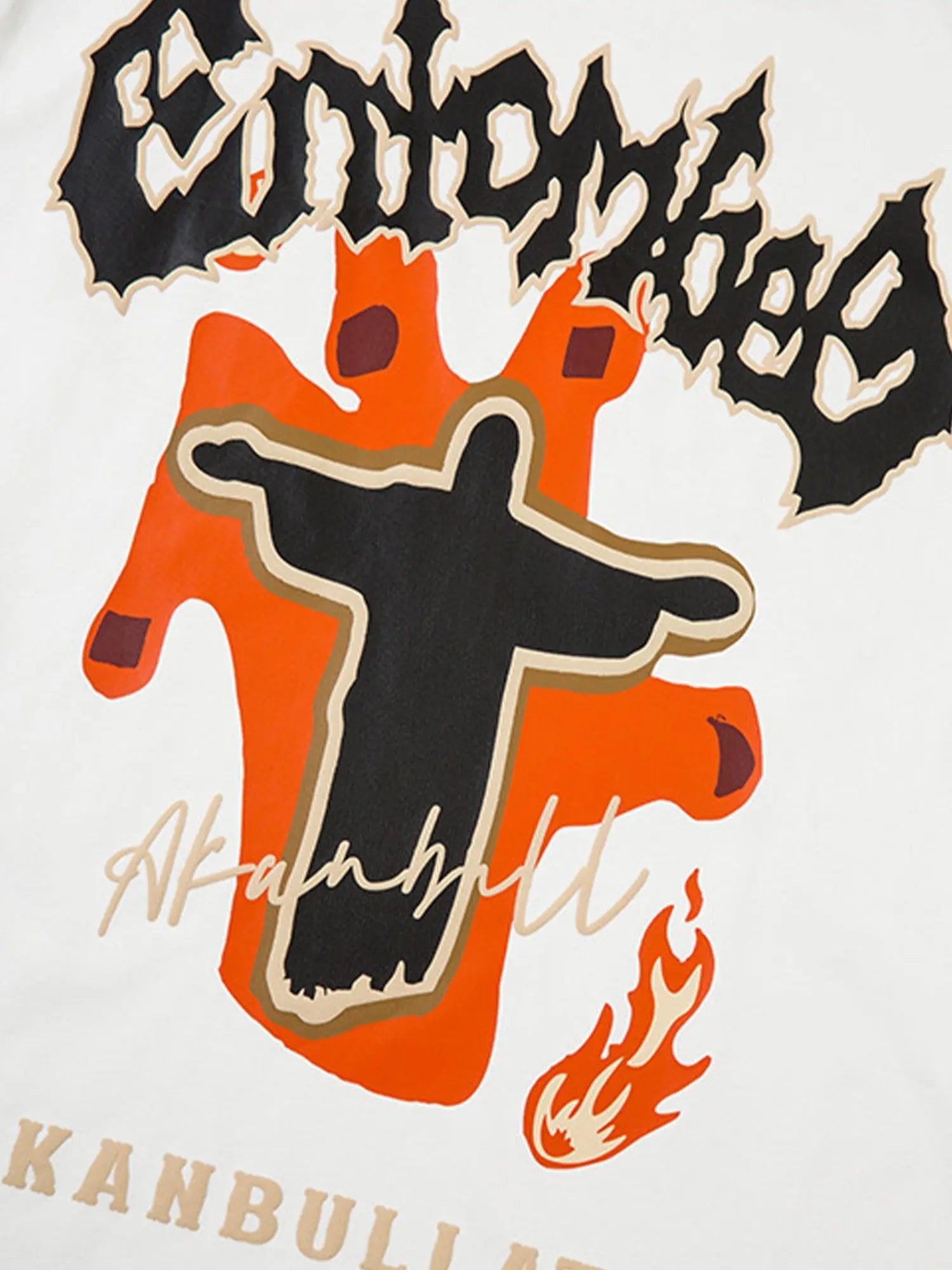 American Vibe Style Flame Letter Jesus T-shirt SP240320HTYY