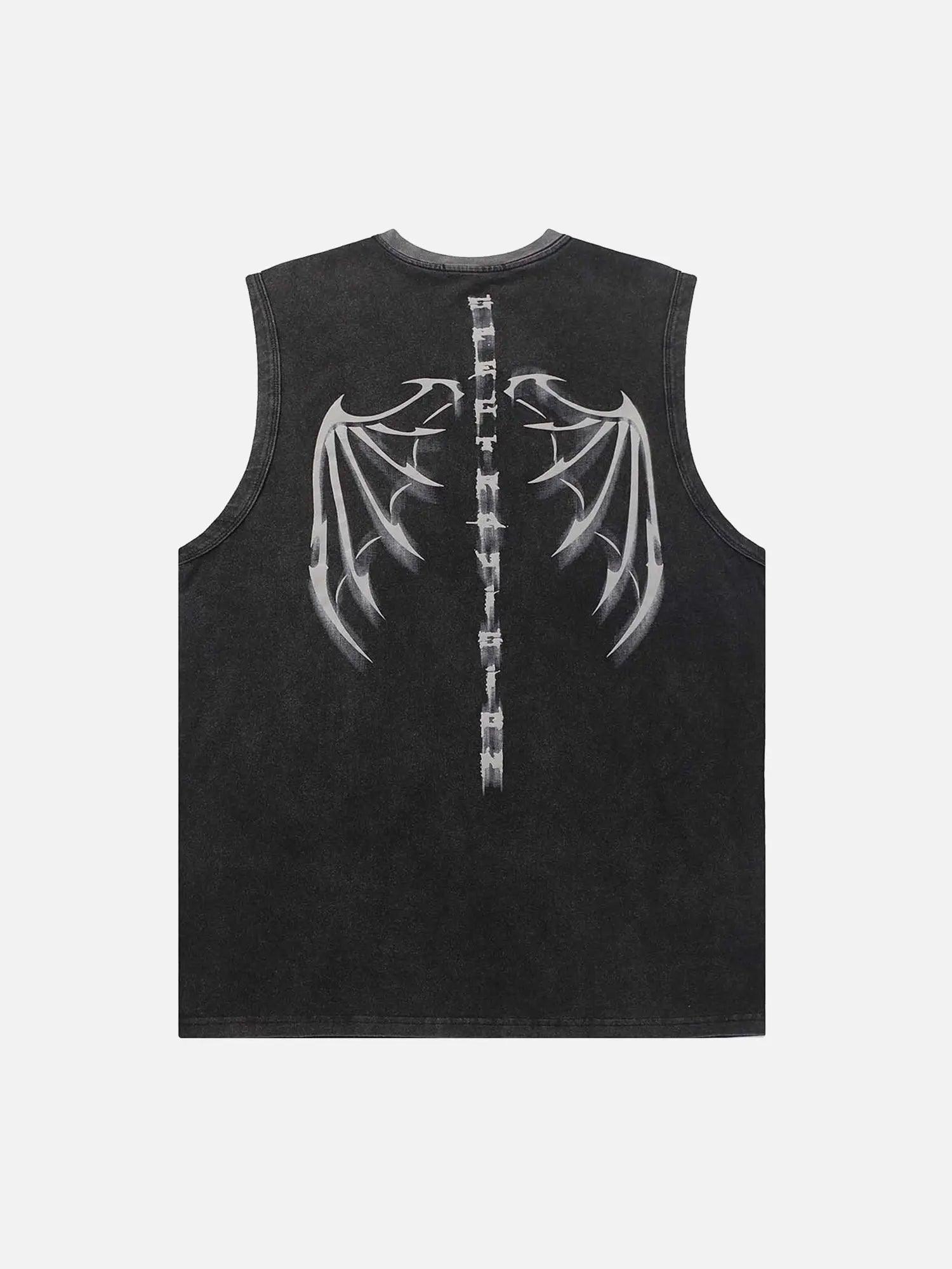 Dark Washed Distressed Devil Wings Bat Print Vest Tank Top SP240328NU14