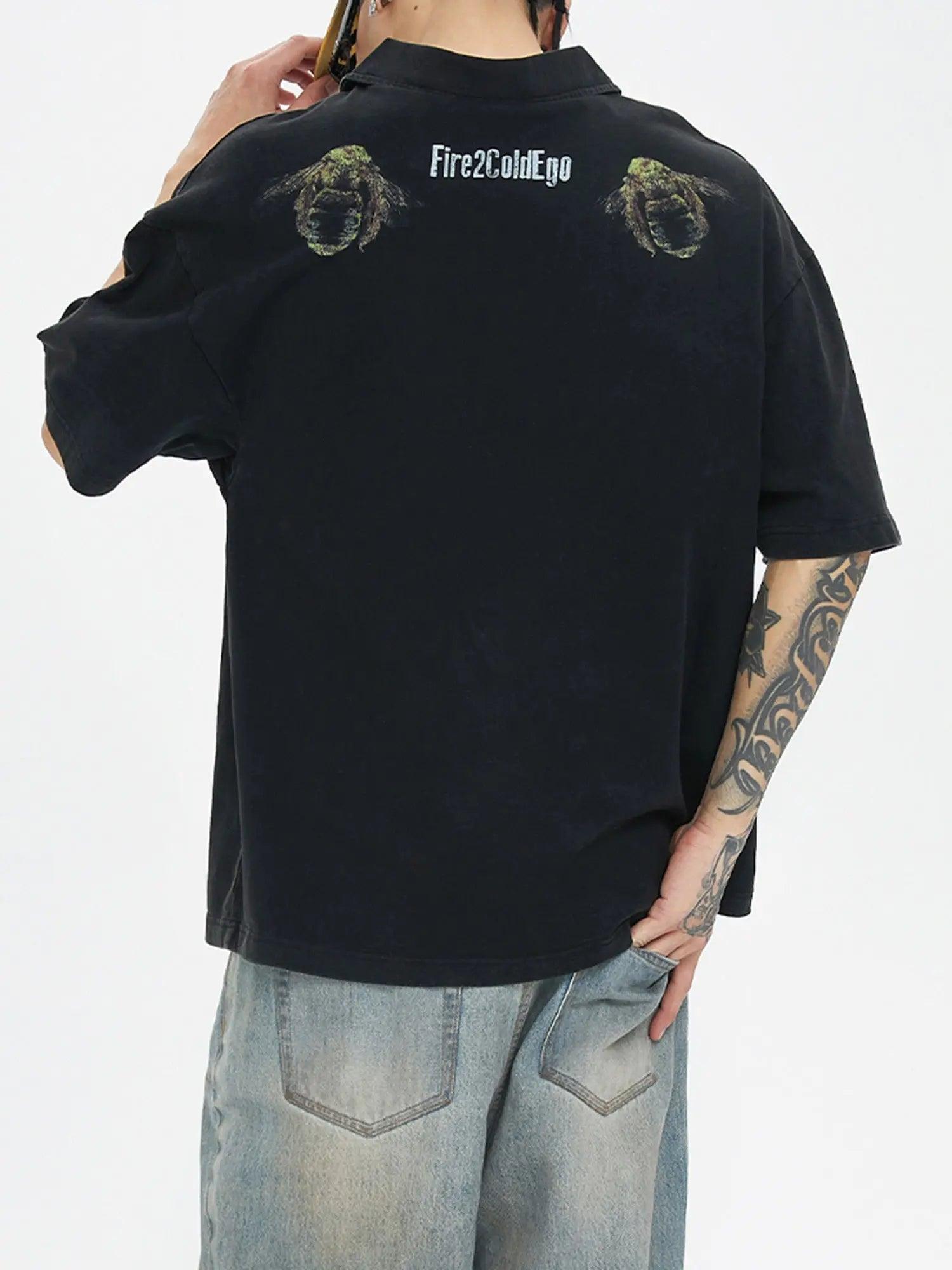 Heavy Washed Distressed POLO Shirt American Retro High Street Print Couple T-Shirt SP240412SD5R