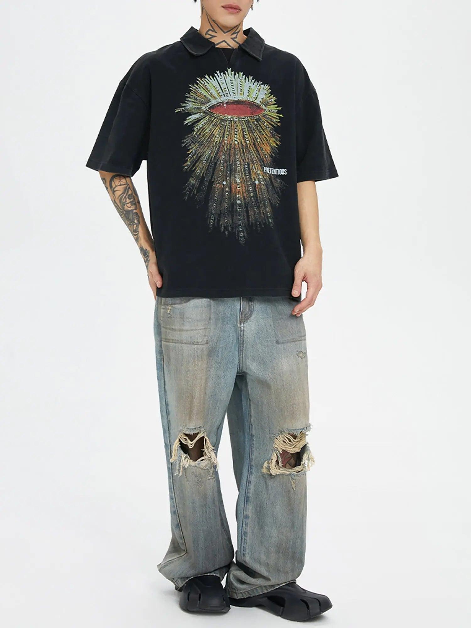 Heavy Washed Distressed POLO Shirt American Retro High Street Print Couple T-Shirt SP240412SD5R