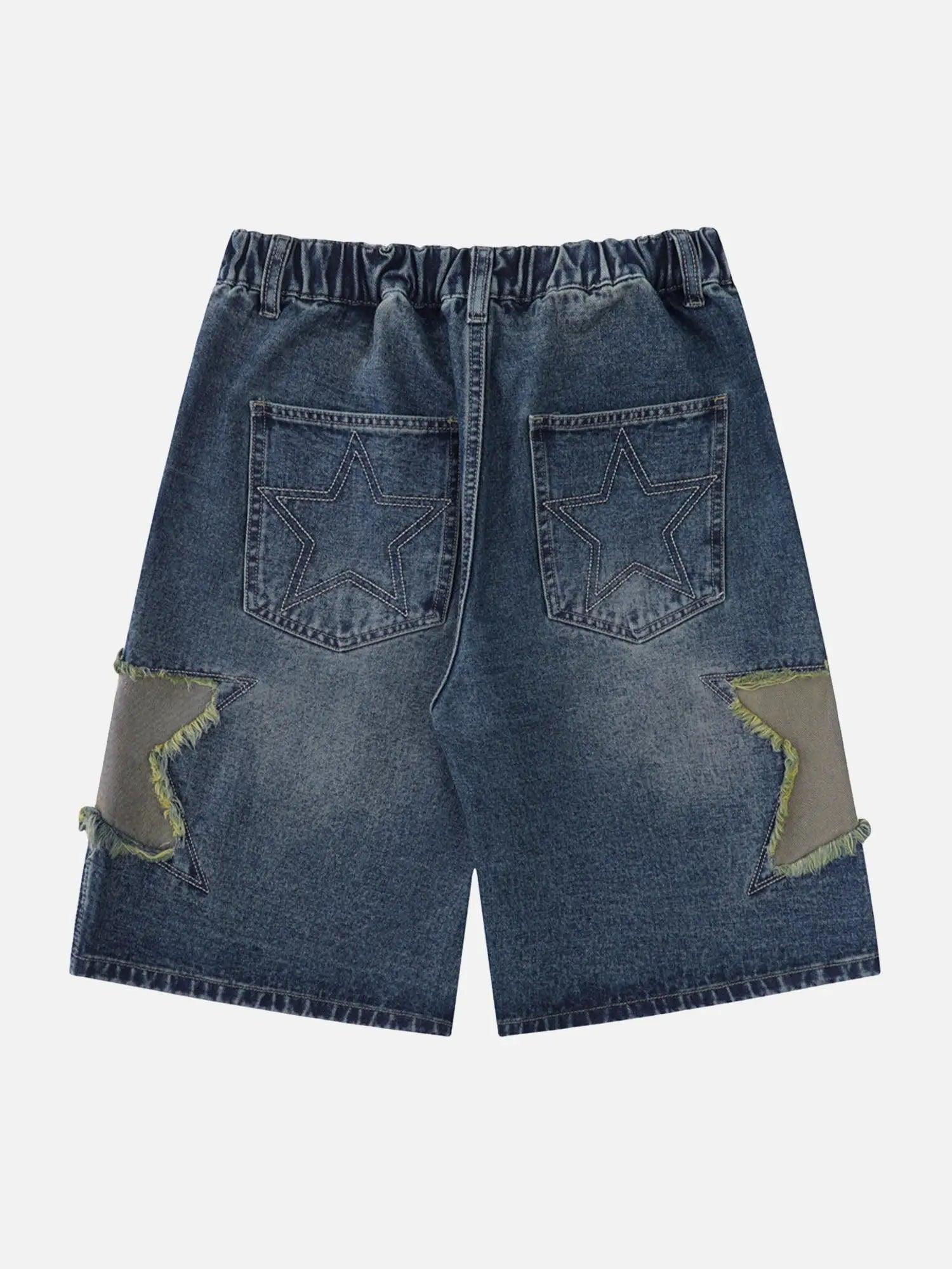 High Street Patchwork Star Embroidered Denim Shorts SP240417HMHC
