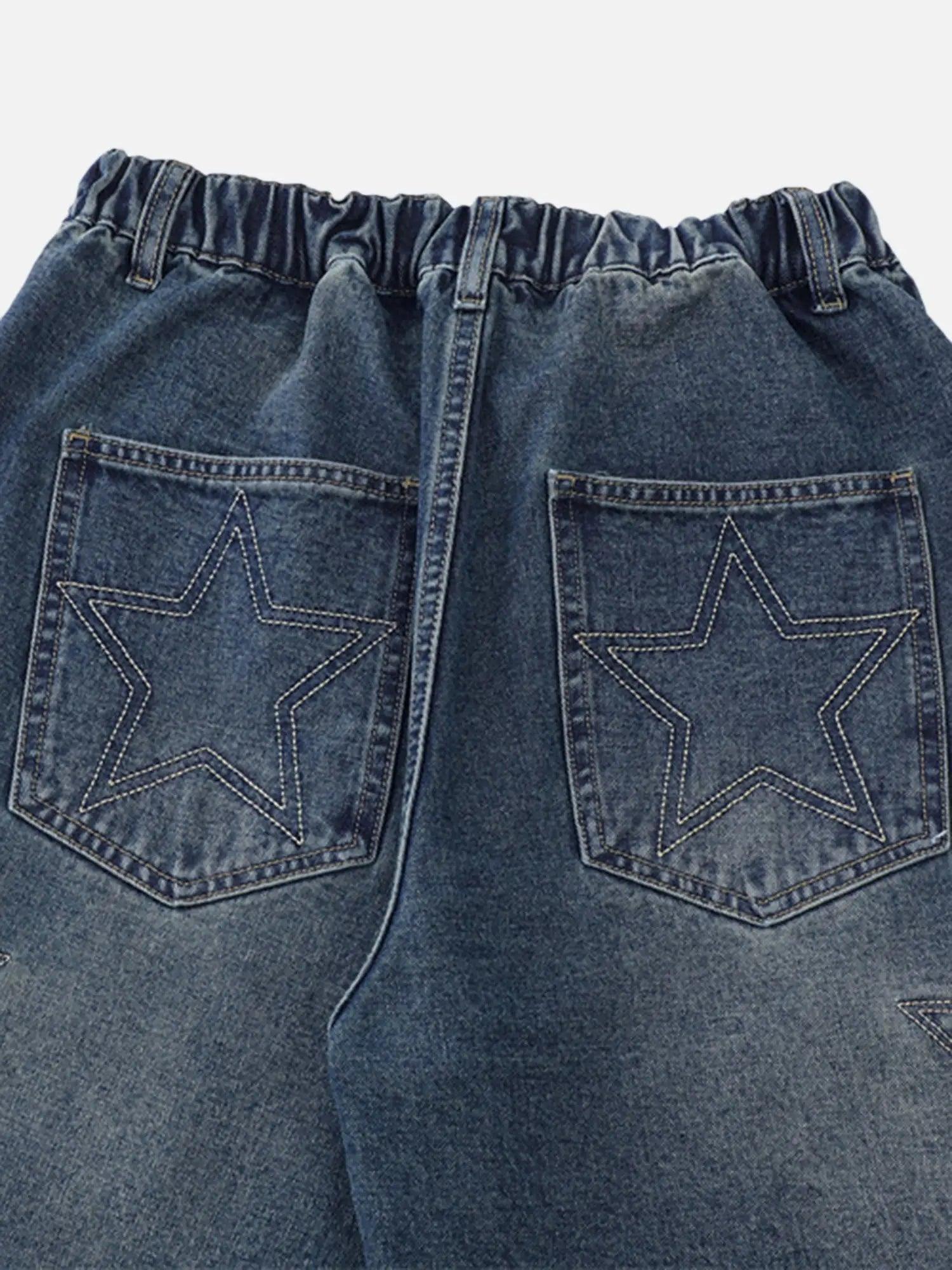 High Street Patchwork Star Embroidered Denim Shorts SP240417HMHC