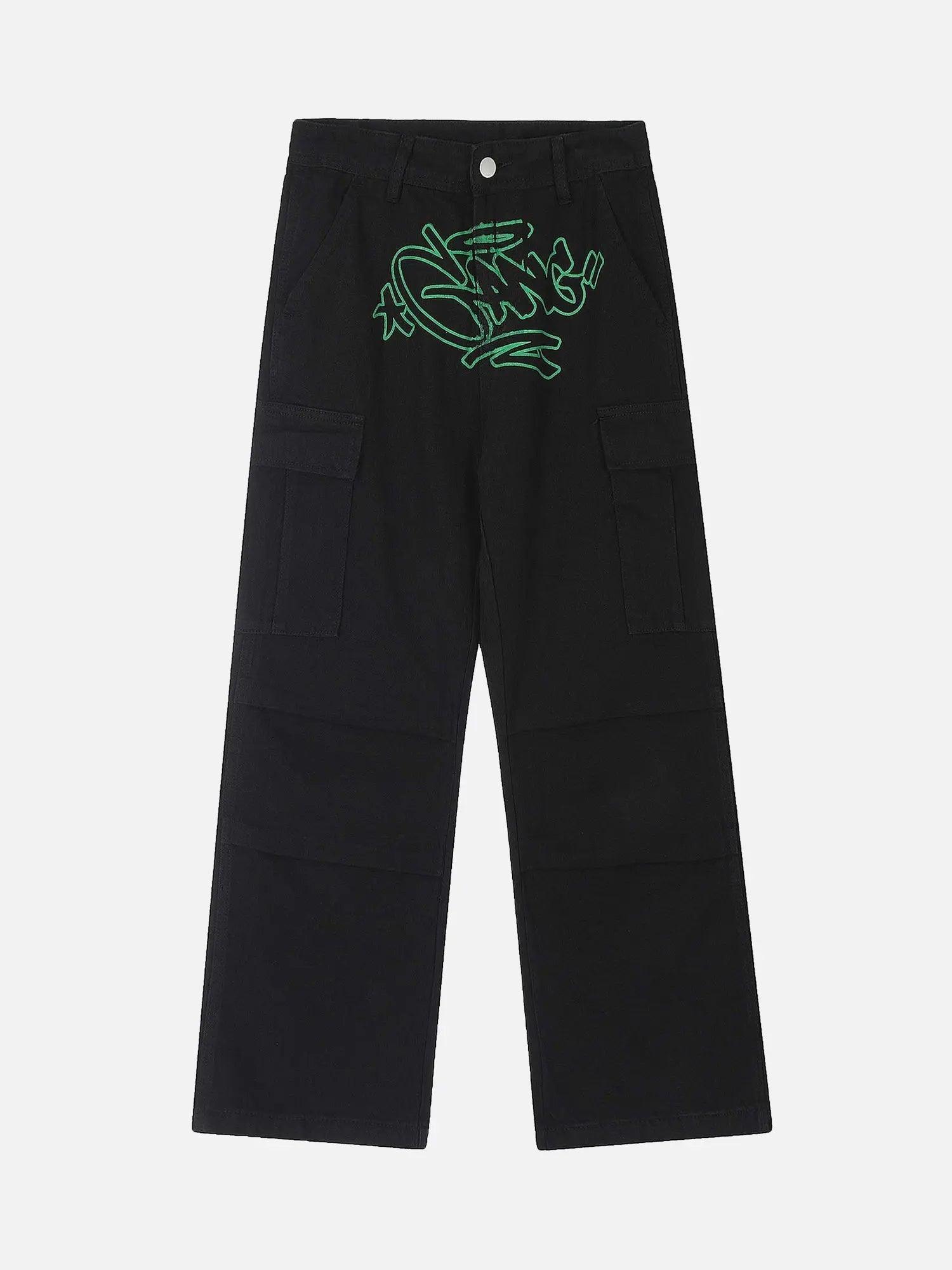 High Street Trendy Multi-pocket Star Letter Printed Denim Work Jeans SP240325JSBK
