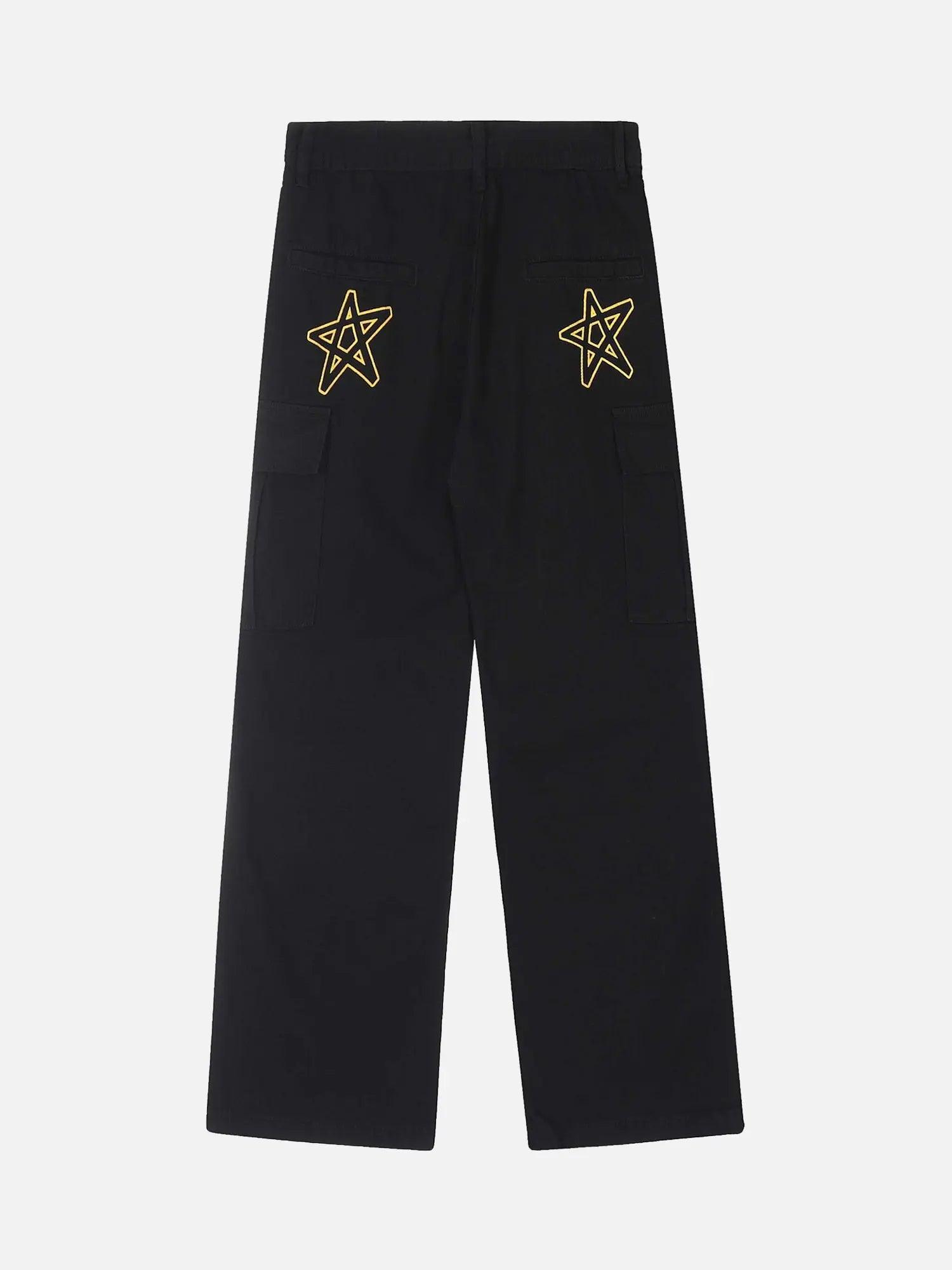 High Street Trendy Multi-pocket Star Letter Printed Denim Work Jeans SP240325JSBK