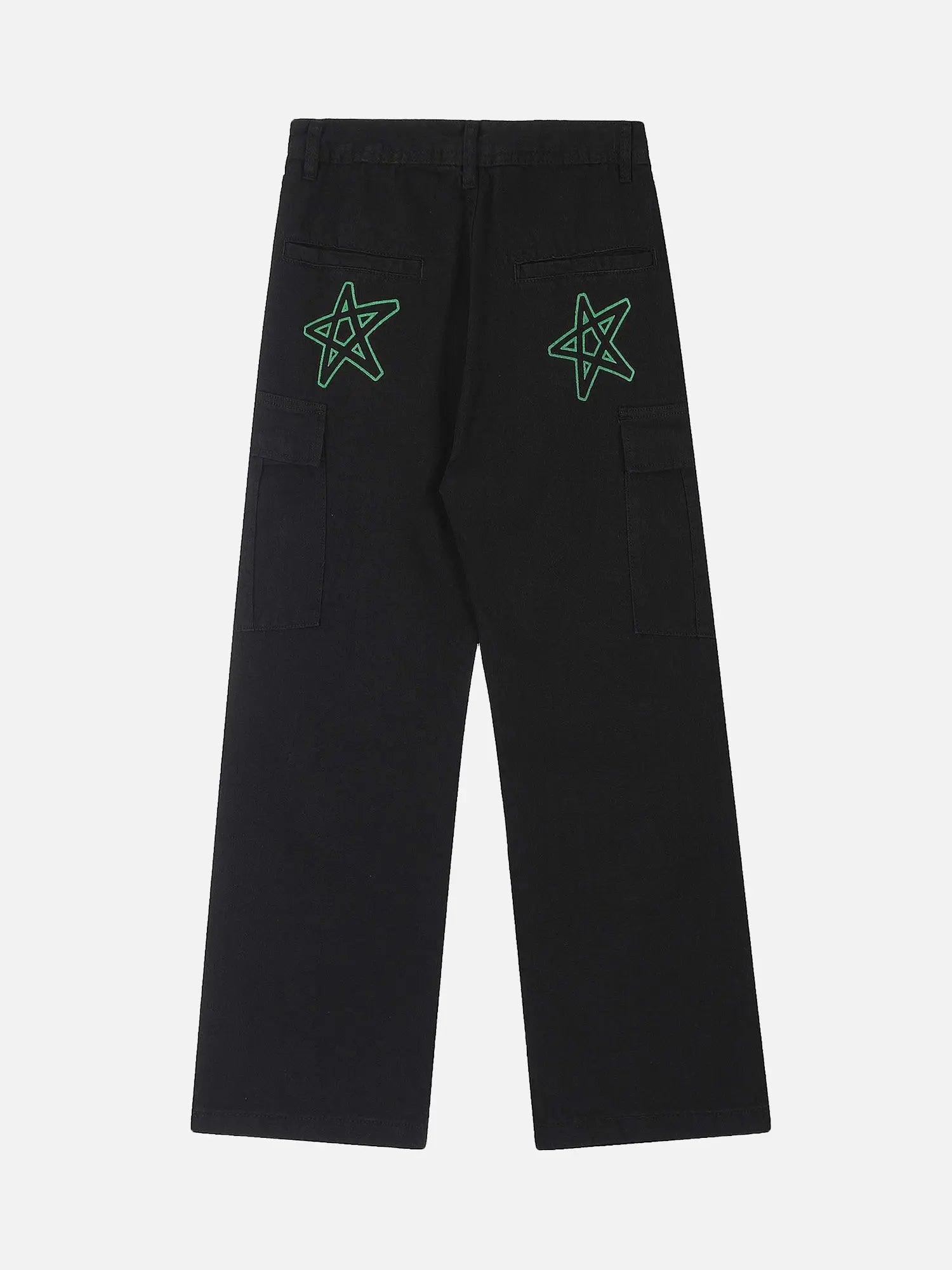 High Street Trendy Multi-pocket Star Letter Printed Denim Work Jeans SP240325JSBK