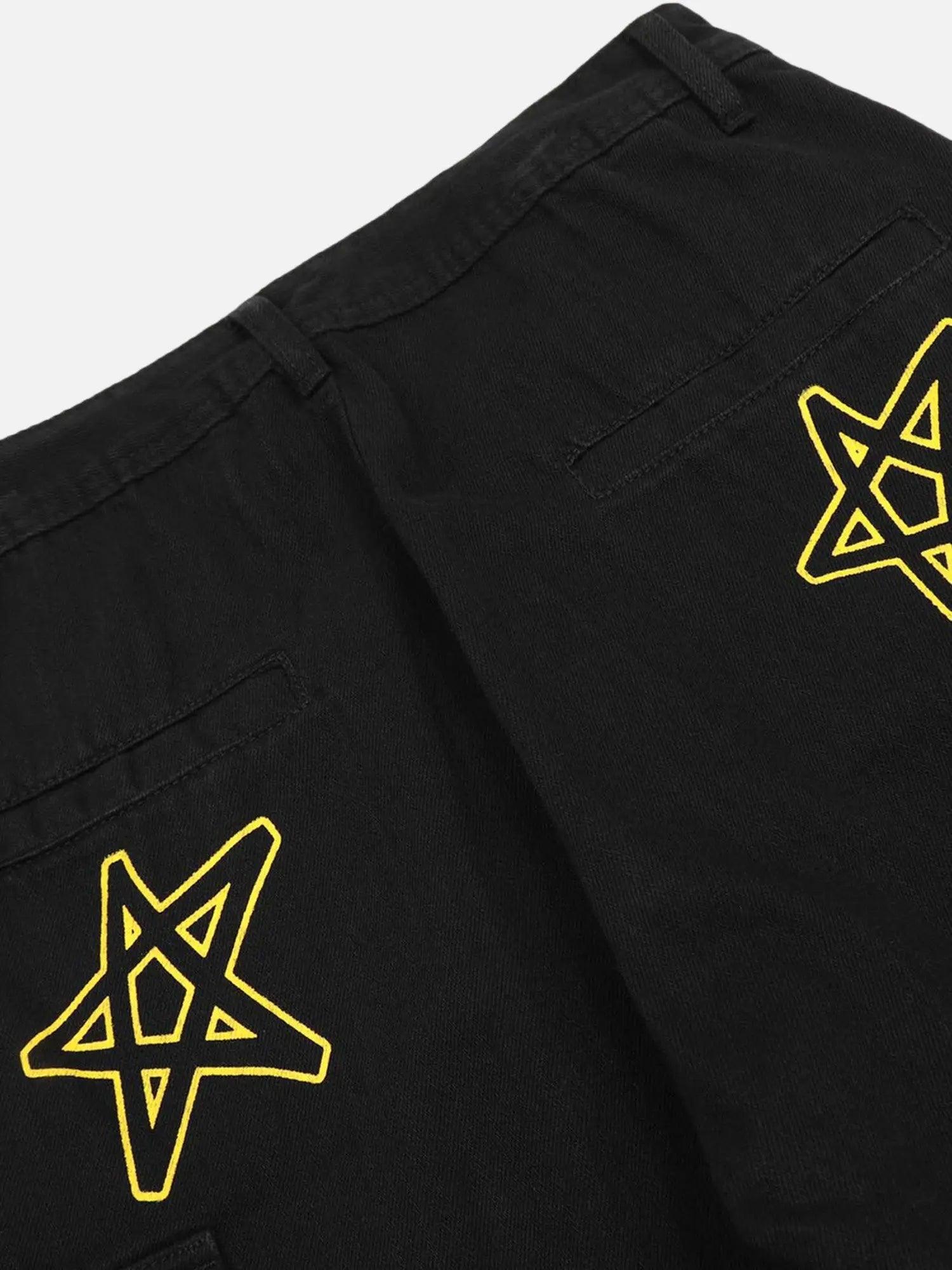High Street Trendy Multi-pocket Star Letter Printed Denim Work Jeans SP240325JSBK