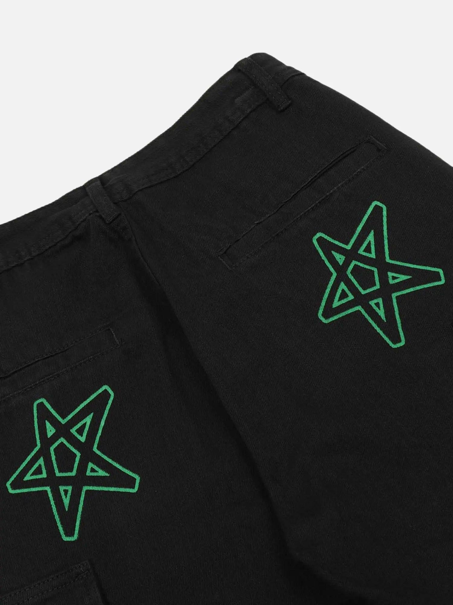 High Street Trendy Multi-pocket Star Letter Printed Denim Work Jeans SP240325JSBK