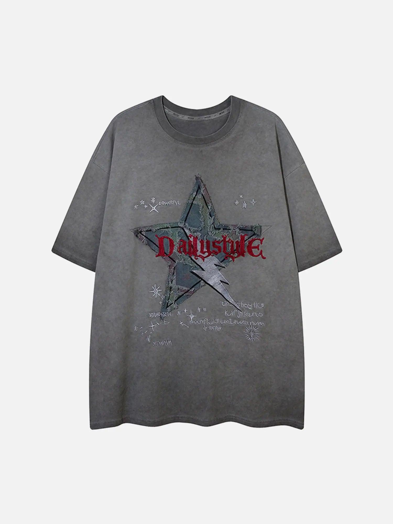 Washed Distressed Denim Patch Embroidered Star T-shirt SP24032031GR
