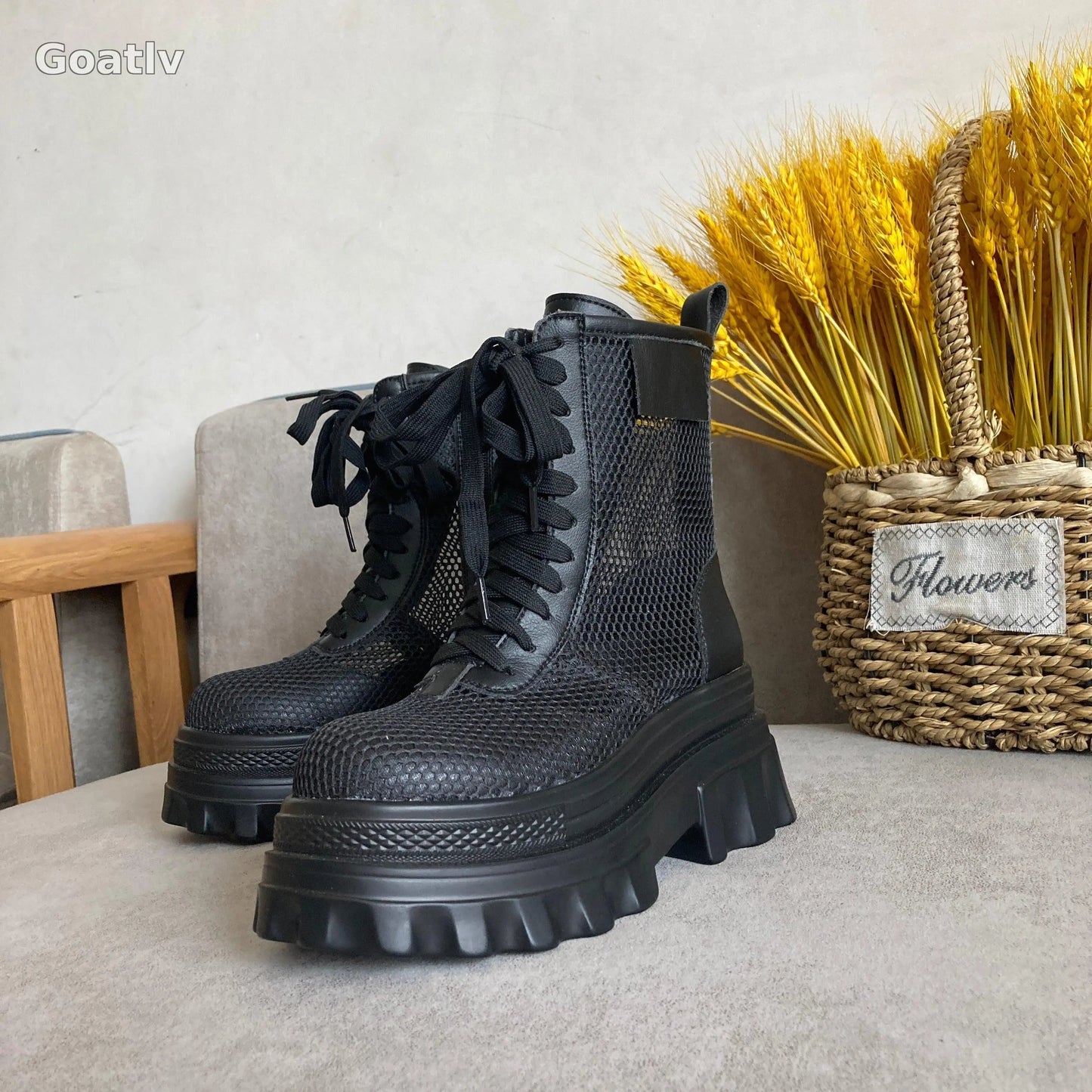 Womens Platform Mesh Breathable Ankle Boots Sandals High Heel Summer Shoes Riding Retro Girls Shoes - 1984