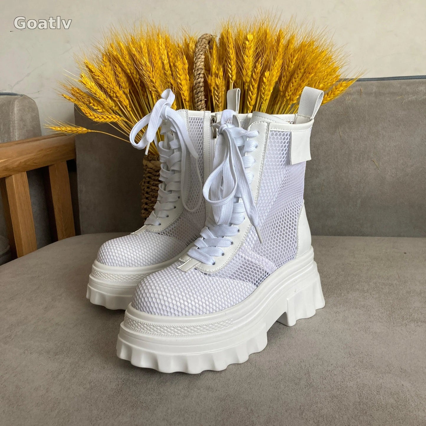 Womens Platform Mesh Breathable Ankle Boots Sandals High Heel Summer Shoes Riding Retro Girls Shoes - 1984