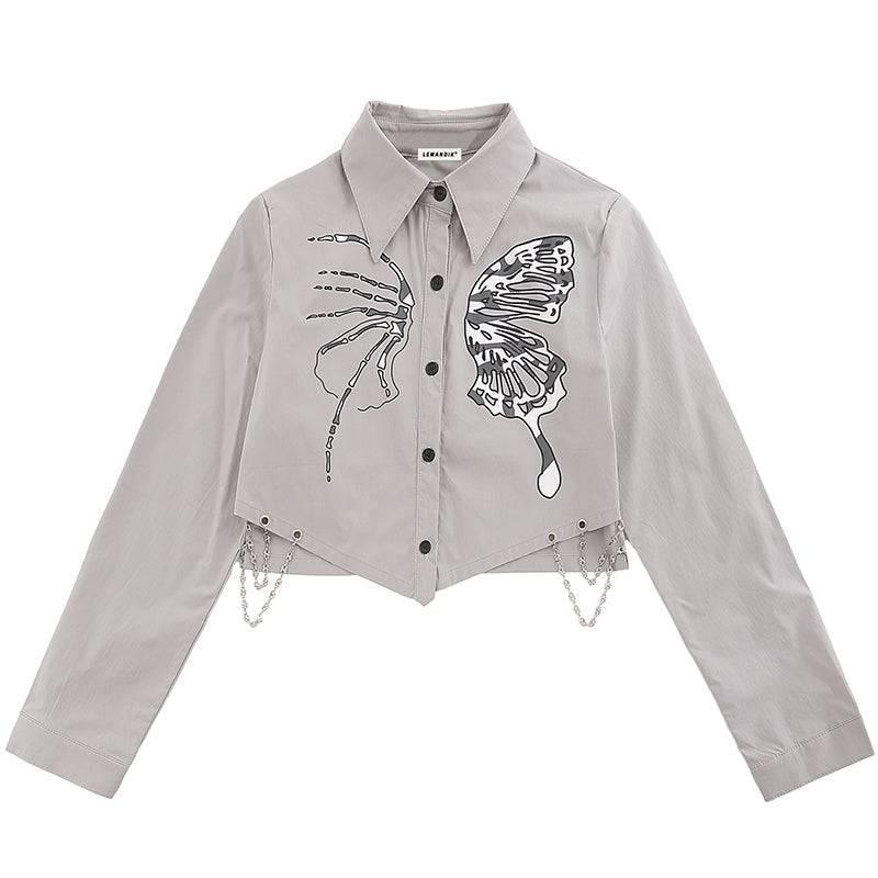 1984® Women Butterfly Long Sleeve Shirt with Chain Hem - 1984brand