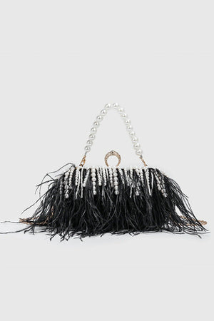 Daliana Pearl Fringe Feather Handbag