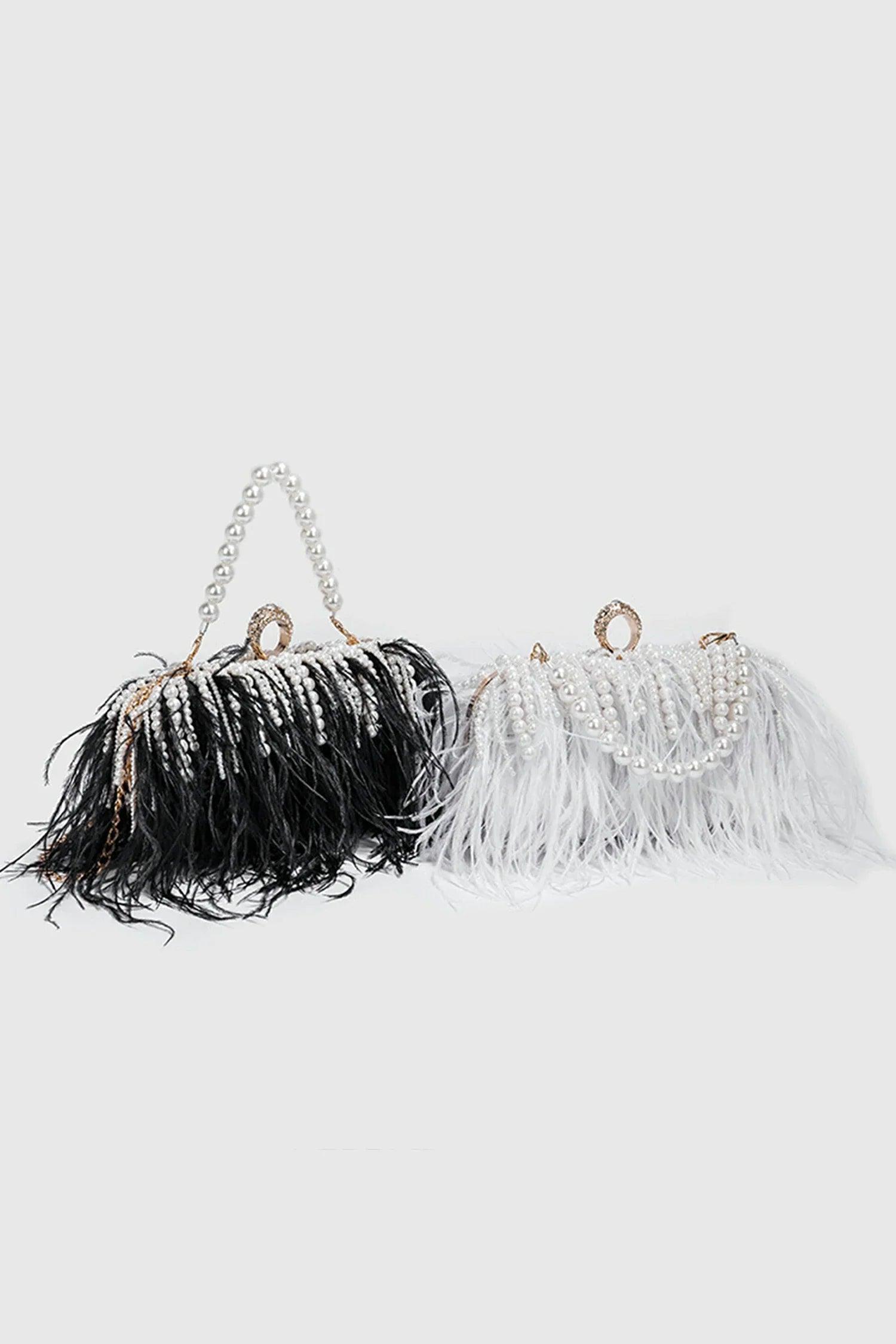 Daliana Pearl Fringe Feather Handbag