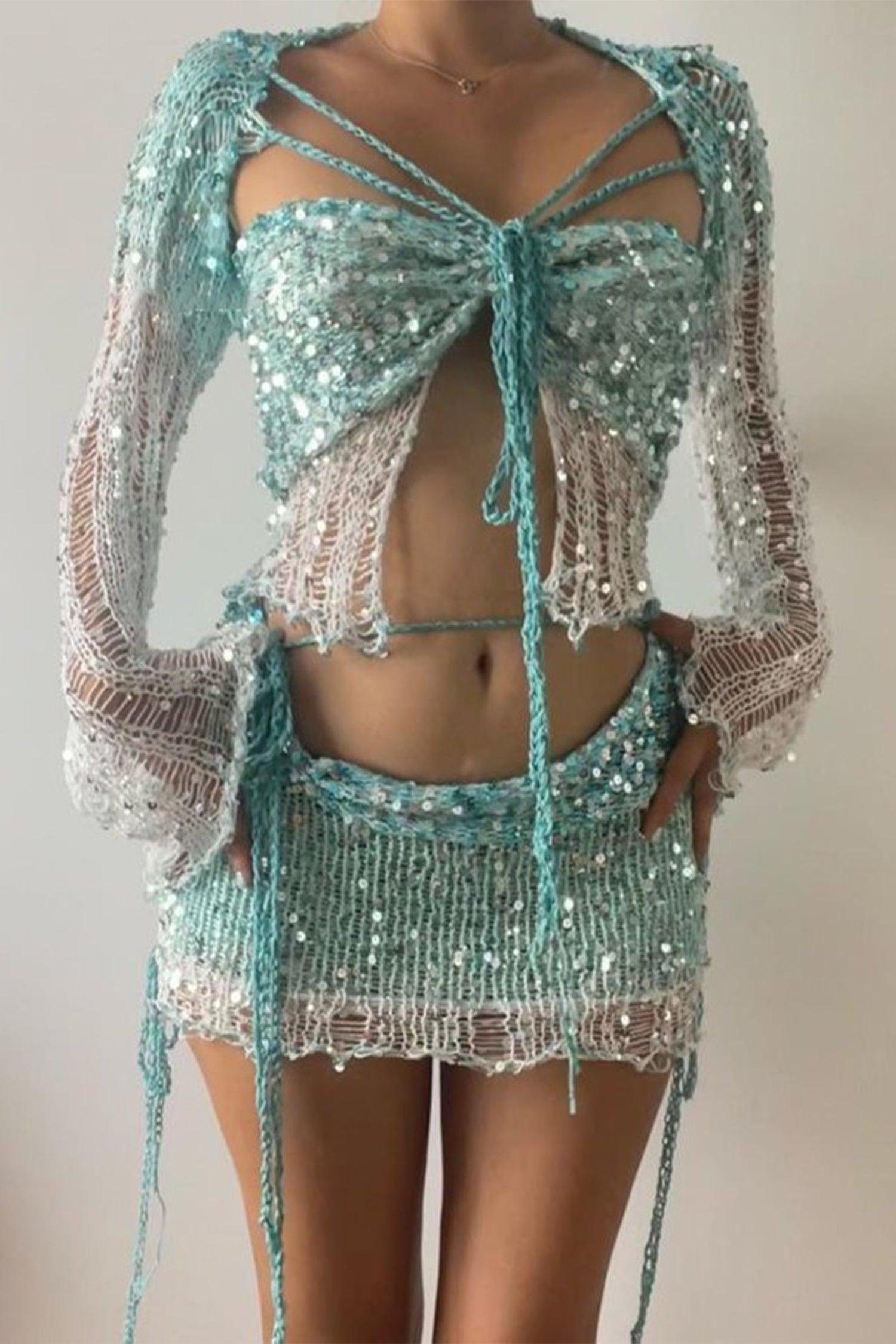 Kritika Sequin Crochet 3 Pieces Sets Acmefun