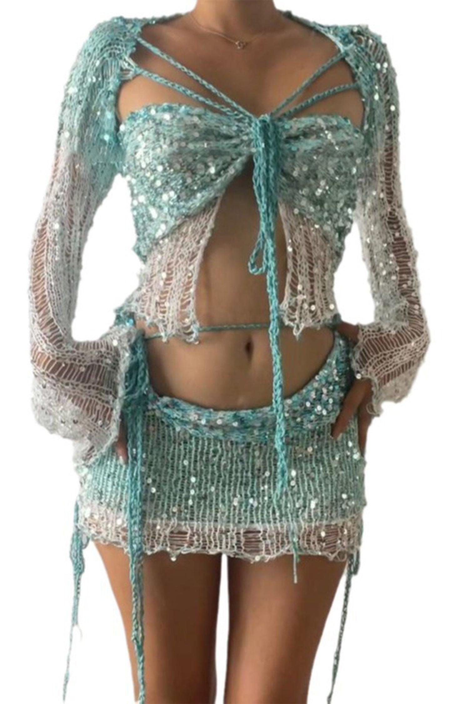 Kritika Sequin Crochet 3 Pieces Sets Acmefun