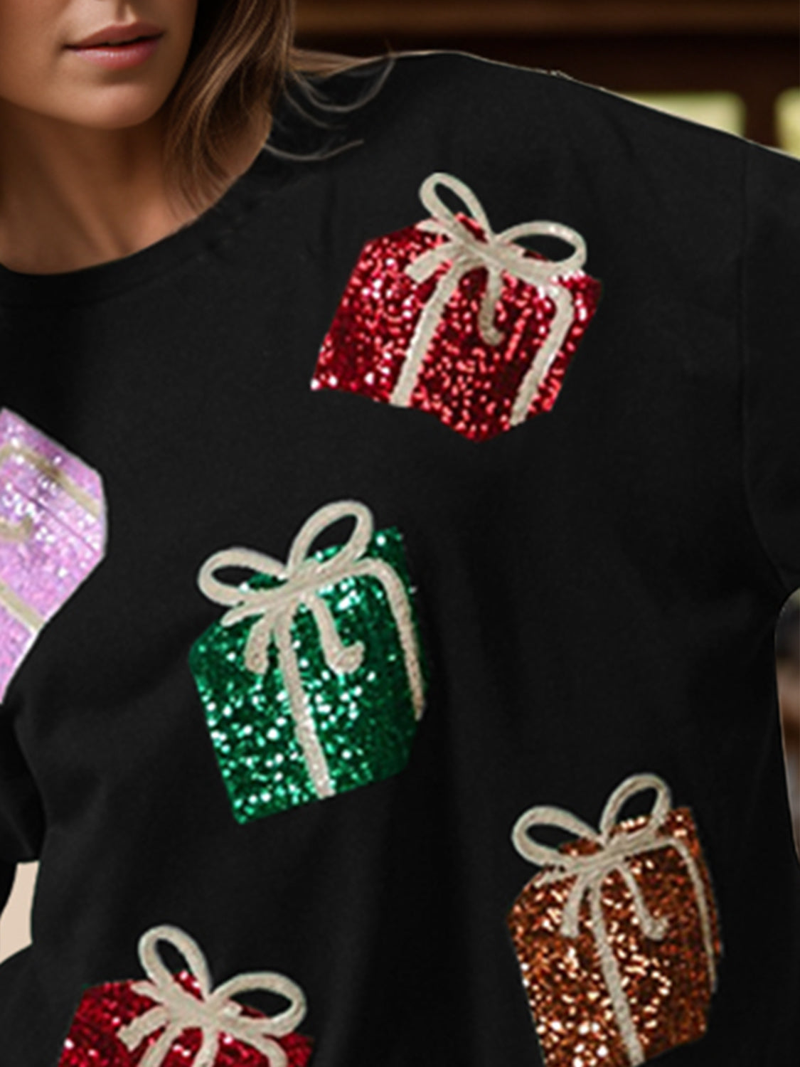 Sequin Gift Box Long Sleeve Sweatshirt Trendsi