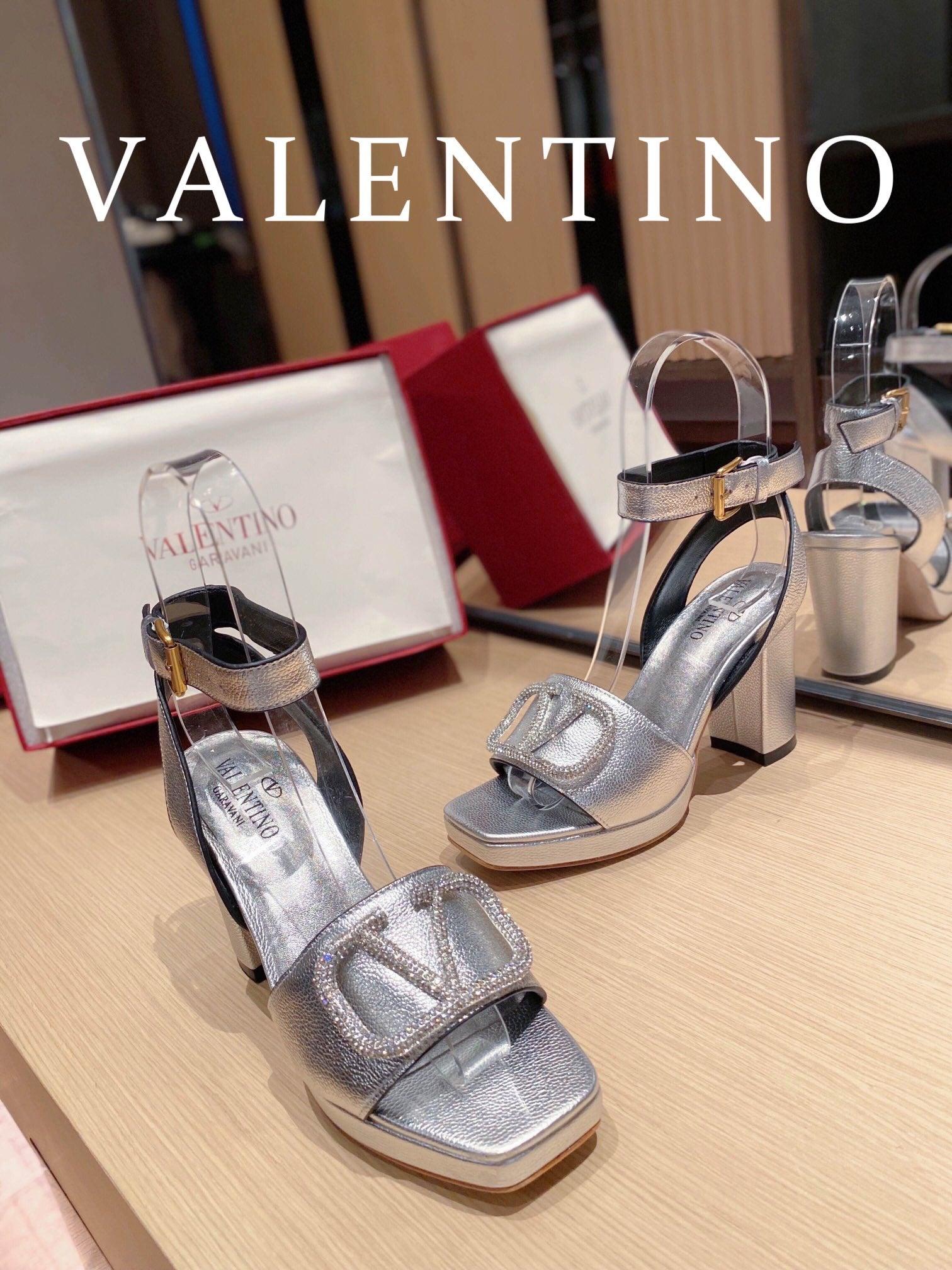 Valentino Garavani Strap Heeled Sandals With V Logo Crystal Embellishment Silver For Women