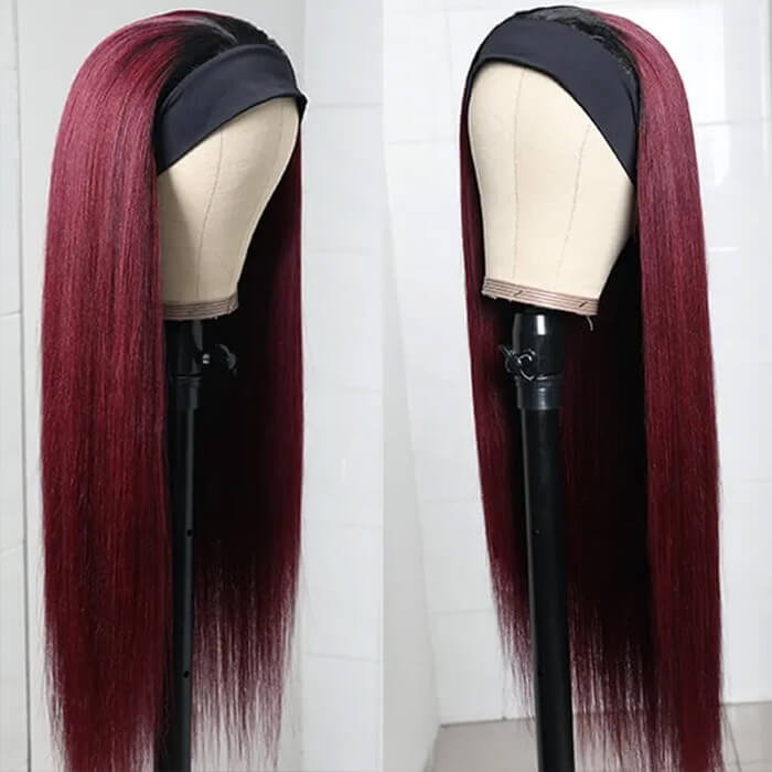 #99J Sugar Plum Color Headband Wig 100% Human Hair With Black Root | Throw On & Go - 1984brand