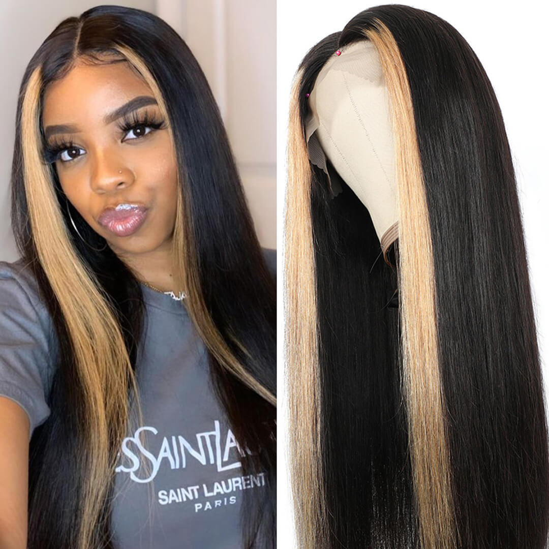 Skunk Stripe Wig With Honey Blonde Highlights Straight Hair HD Lace Front Wigs With Streaks In Front Hermosa Hair