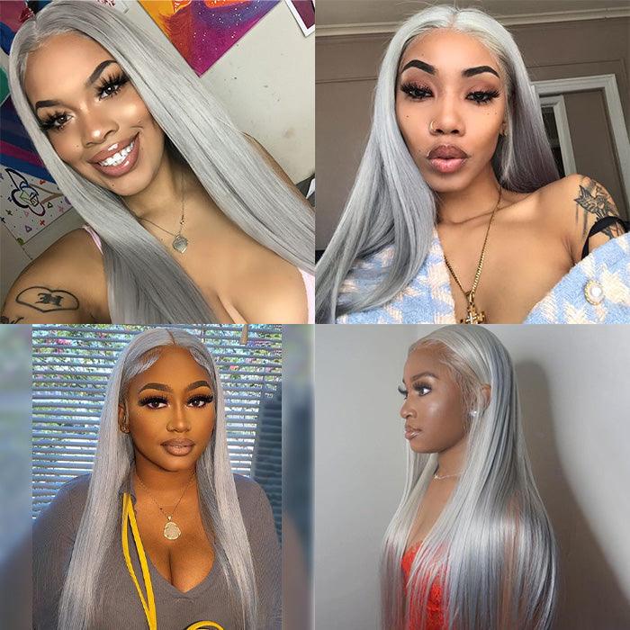 Sliver Gray Color Silky Straight 13x6/5*5 Lace Front Pre Plucked Human Hair Wigs For Women Hermosa Hair