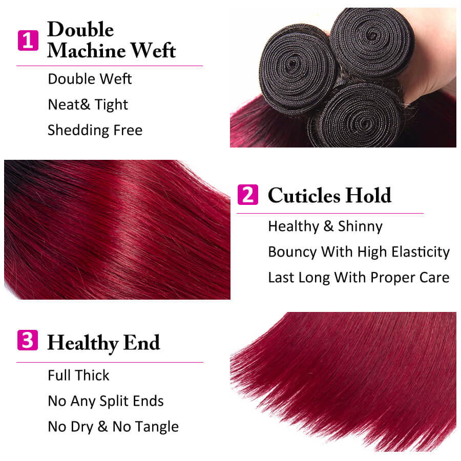 Ombre T1B/99J Brazilian Virgin Straight Hair 3/4 Bundles 10A Burgundy Human Hair Weave Extension hermosahair