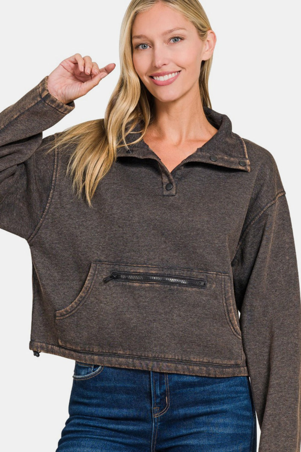 Zenana Acid Wash Fleece Half Snap Sweatshirt with Pocket