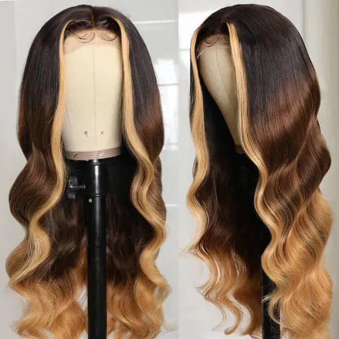 Ombre Lace Front Wigs with Blonde Highlight #T1B/4/27 Three Tone Brazilian Body Wave HD Lace Human Hair Wigs Hermosa Hair