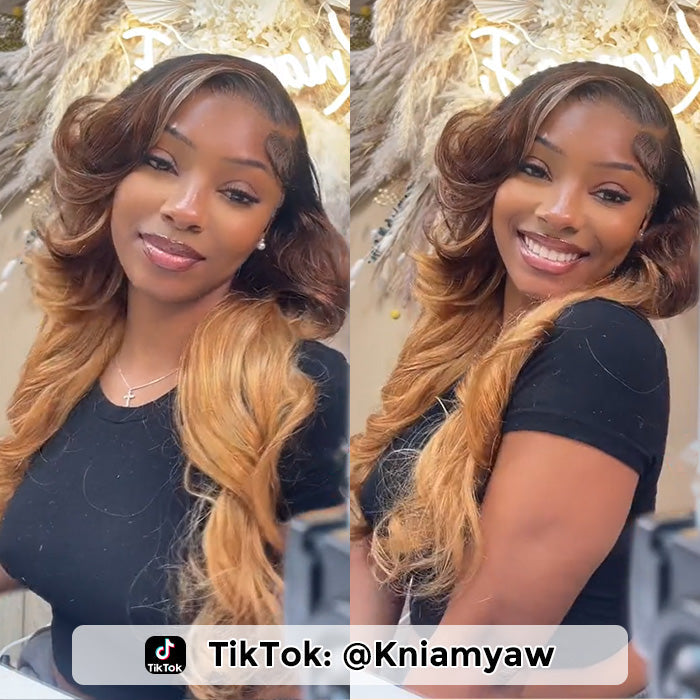 Ombre Lace Front Wigs with Blonde Highlight #T1B/4/27 Three Tone Brazilian Body Wave HD Lace Human Hair Wigs Hermosa Hair