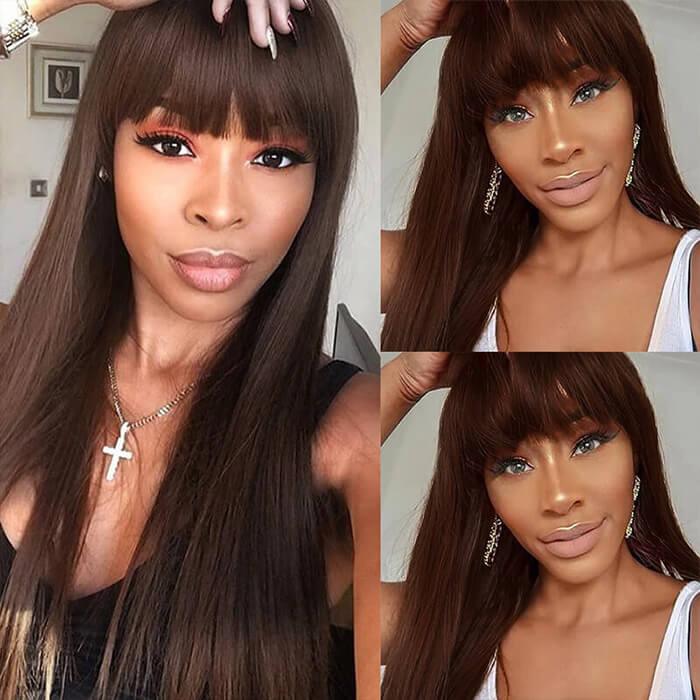 #4 Chocolate Brown Straight Wig With Bangs Glueless Top 2x4 Lace Wig With Bangs - 1984brand