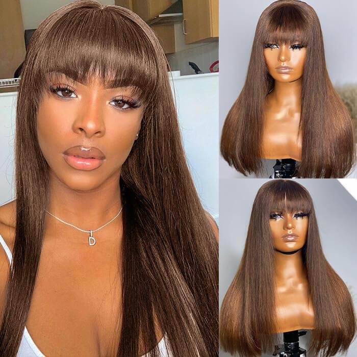 #4 Chocolate Brown Straight Wig With Bangs Glueless Top 2x4 Lace Wig With Bangs - 1984brand