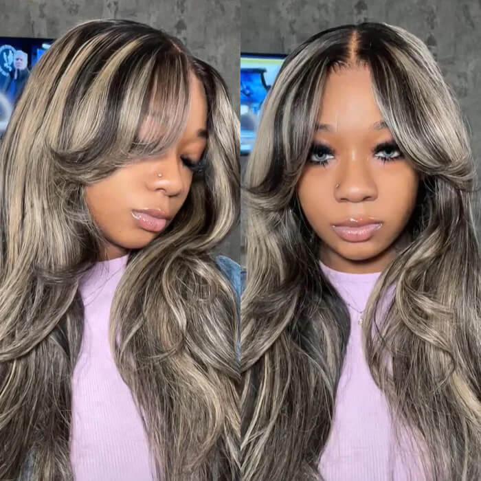 Blonde Highlight Curtain Bangs Lace Front Wig Pre Plucked HD Lace Frontal Human Hair Wigs Hermosa Hair