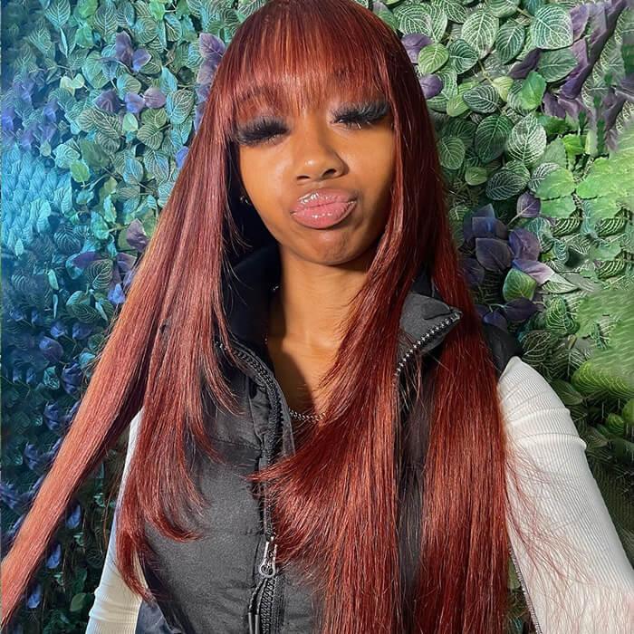 Reddish Brown Straight 13x4 Lace Front Wig With Bangs Machine Made Human Hair Wig Easy to Go hermosahair