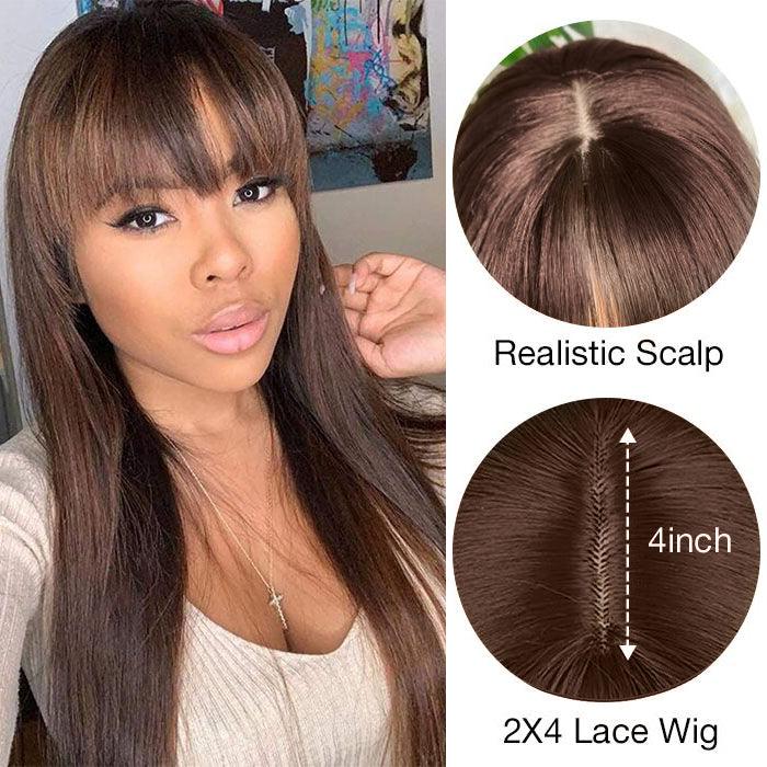 #4 Chocolate Brown Straight Wig With Bangs Glueless Top 2x4 Lace Wig With Bangs - 1984brand