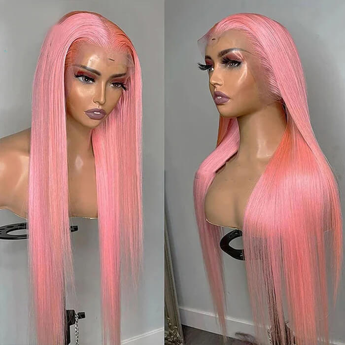 13x4 HD Lace Frontal  Human Hair Wigs Straight Pink Color Wig For Women Pre Plucked Bleached Knots - 1984brand