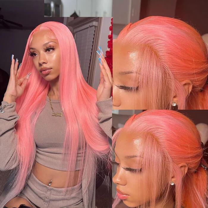 13x4 HD Lace Frontal  Human Hair Wigs Straight Pink Color Wig For Women Pre Plucked Bleached Knots - 1984brand