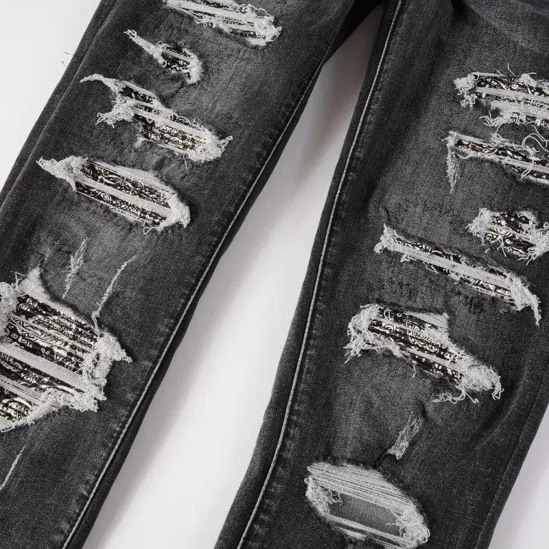 1984 Gray Distressed Holes Paisley Bandanna Patchwork Jeans 001 eprolo