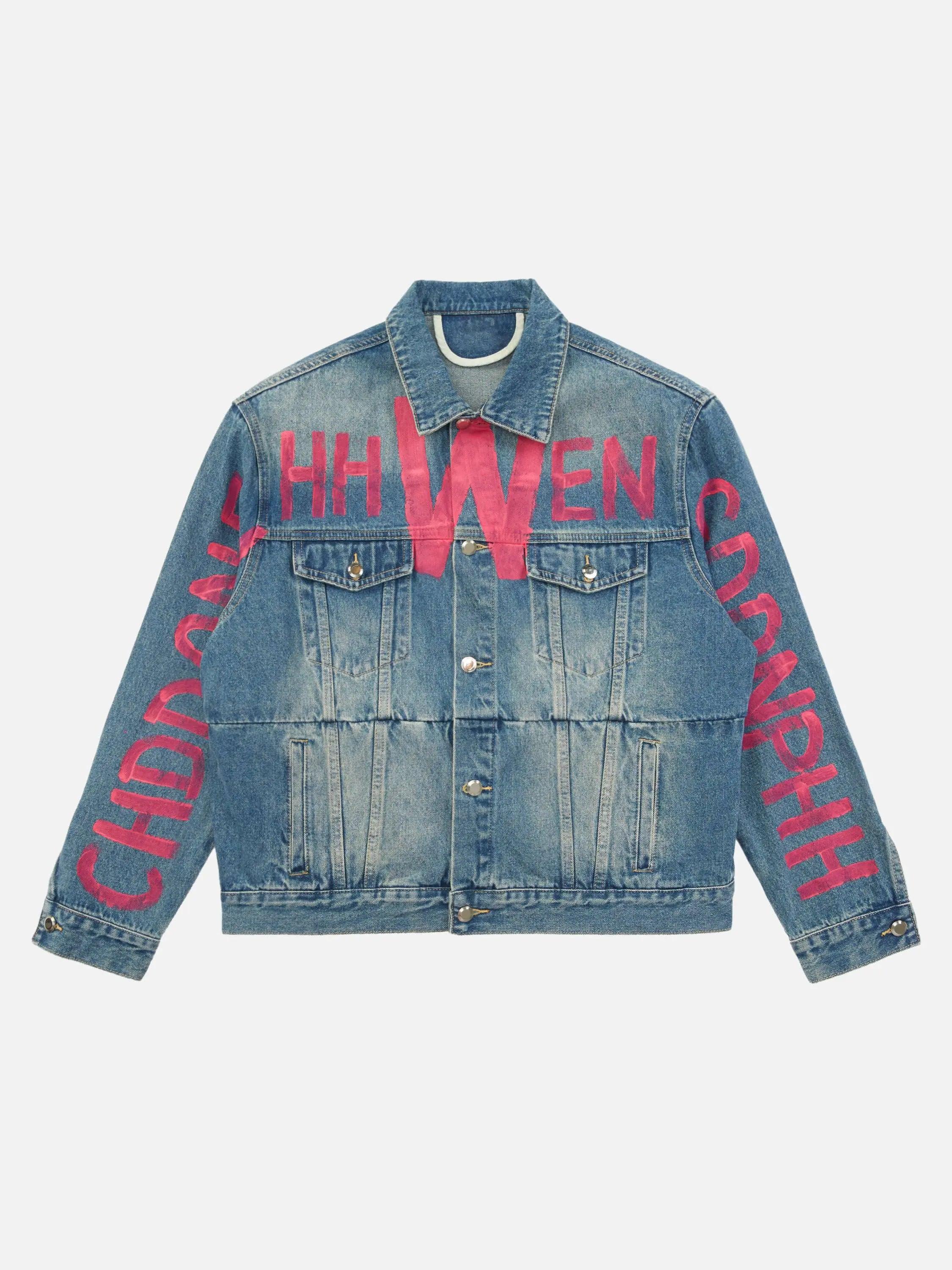 1984 High Street Graffiti Lettered Distressed Washed Denim Jacket SP240419EW3B