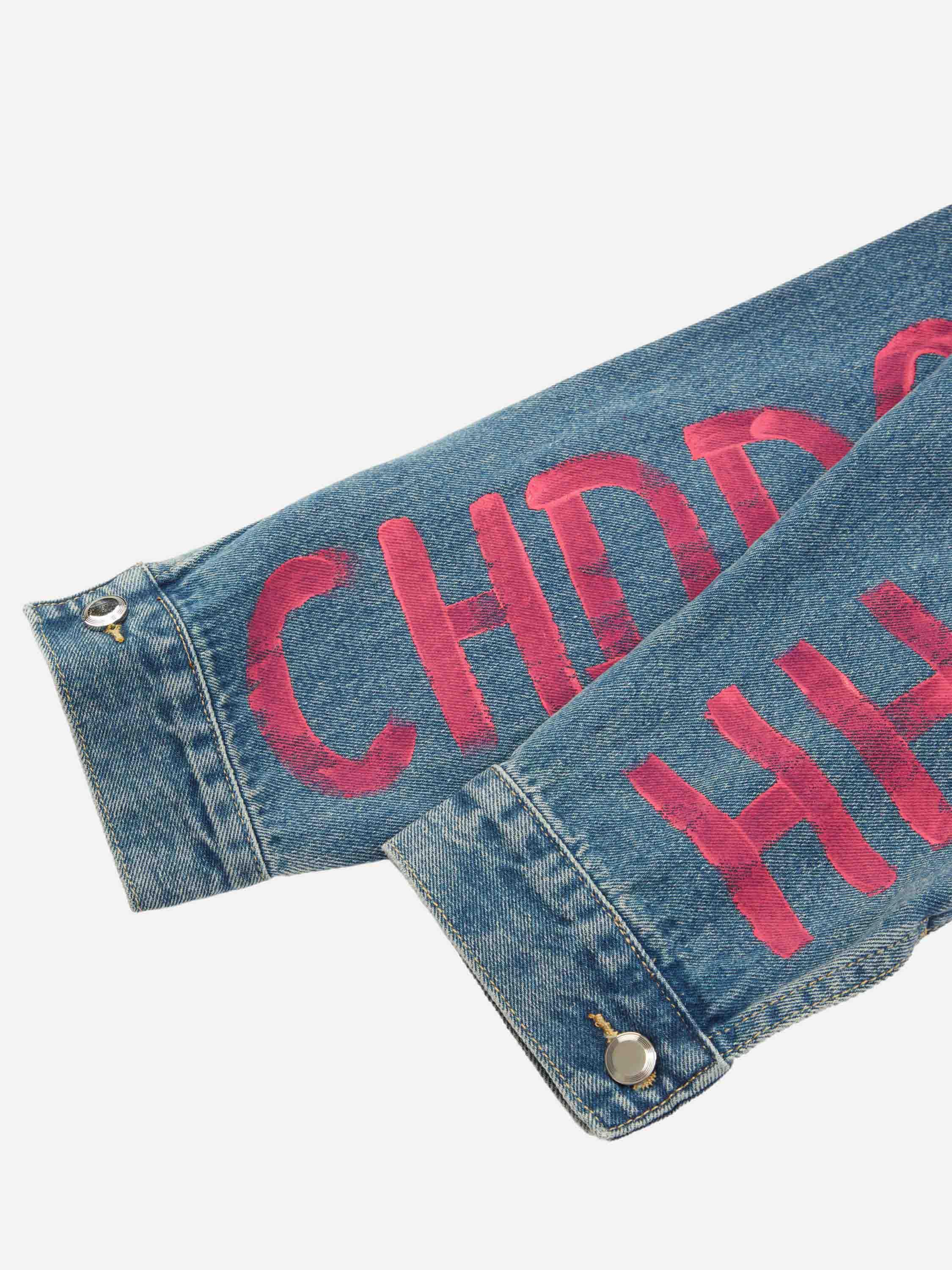 1984 High Street Graffiti Lettered Distressed Washed Denim Jacket SP240419EW3B