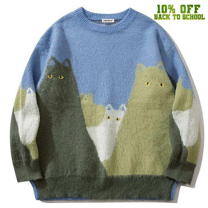 1984® Fluffy Knit Sweater Colorful Cats 1984