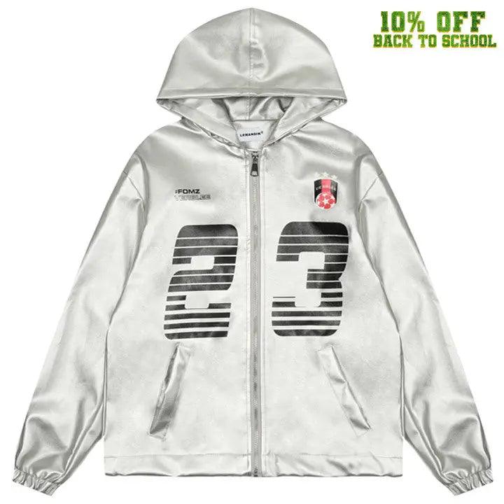 1984® Silver Faux Leather Zipper Hoodie 23 Print 1984