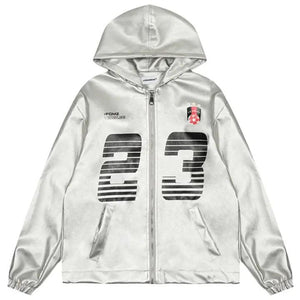 1984® Silver Faux Leather Zipper Hoodie 23 Print 1984