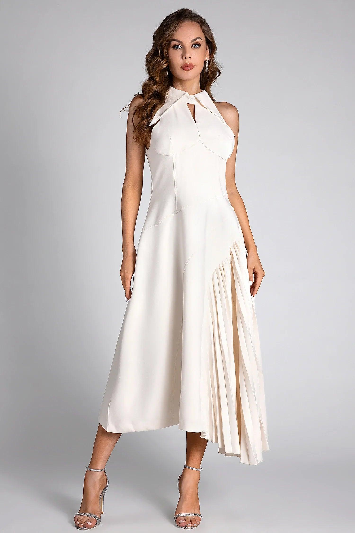 Debby White Halter Neck Pleated Semi Formal Dress Acmefun