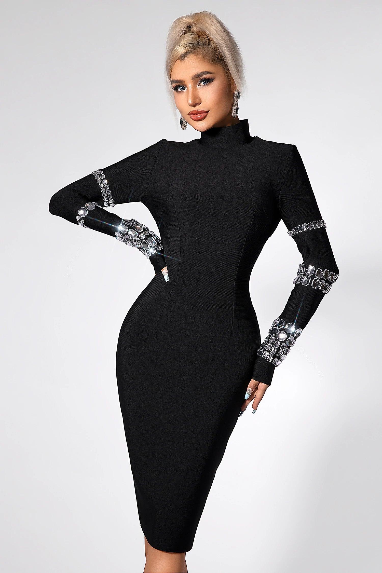 Caierra Rhinestone Long Sleeve Midi Dress