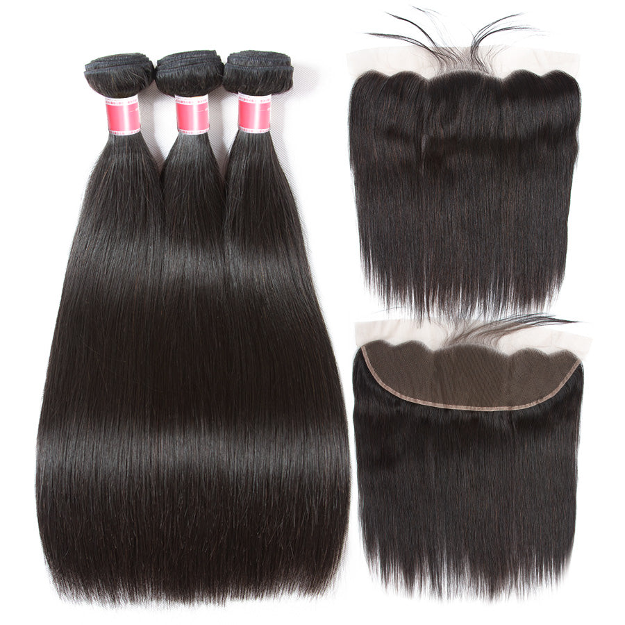 10"-30" Brazilian Straight Virgin Hair Weave 3 Bundles With Lace Frontal 13x4 Ear To Ear - 1984brand